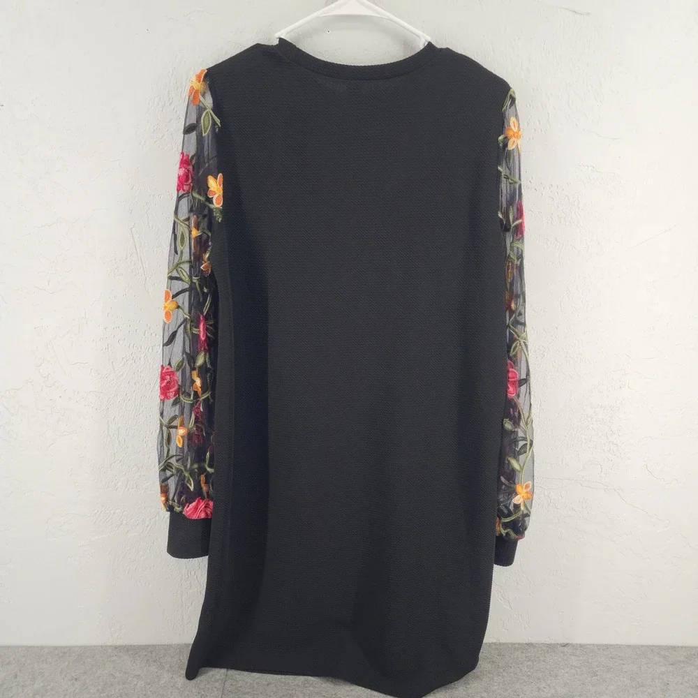 Black Mesh Floral Embroidered Sheer Sleeve Textured Tunic Dress Womens‎ Large